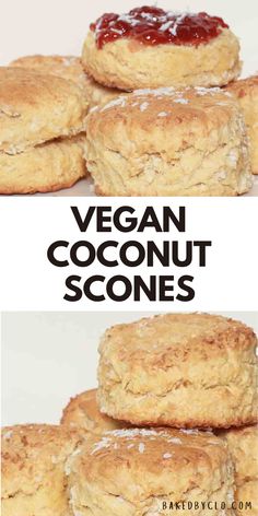 vegan coconut scones stacked on top of each other with the words, vegan coconut