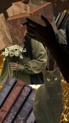 a collage of photos with books and a person holding a bouquet of white flowers