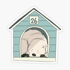 a polar bear sleeping in his doghouse sticker on a white background, with the number 26 below it