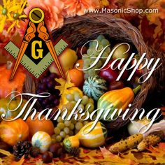 happy thanksgiving greeting card with autumn leaves and gourds in a basket on the ground