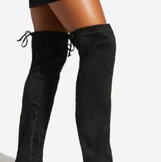 A Flat Over-The-Knee Boot Featuring A Low Heel, Lace-Up Detail, And Side Zipper Closure. Material: Faux-Suede Features: Sd Dream Sole Double The Padding For Comfort, Support, And Ease Of Movement Calf Circumference: Based On Size 8 With 14" Shaft Point; Reg: 16.''-16.5'', E-Wc: 20.9''-21.2'' Color: Black Outside Heel Height: 2.0" Closure: Functional Inner Zipper Ew( Extra Width) Shaft Height: 22.5" Ew( Extra Width) *** All Shoes Are Mailed Without Original Box****** If You Need A Box, Please Ask Trendy Low Heel Suede Boots, Trendy Knee-high Suede Heels, Knee-high Suede Boots For Spring, Tall Shaft Suede Boots For Spring, Tall Suede Boots For Spring, Casual High Heel Suede Boots, Trendy Tall Suede Boots, Trendy Suede Heels For Fall, Suede Boots For Spring Night Out