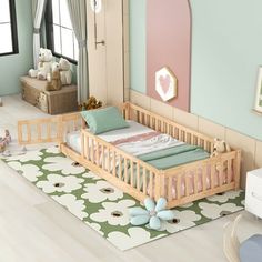 a baby's room with a crib and toys on the floor in it