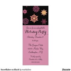 a pink and black snowflake birthday party card