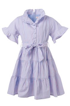 Base color is blue with pink stripes throughout. V neckline with ruffle lined collar. Short bell sleeve with a ruffle cuff. Functional buttons down bodice. Functional + removable waist tie. Midi length, tiered skirt with functional pockets. Hidden back zipper. Lined throughout bodice and skirt. Fabric has no stretch. Fabric is 100% Cotton. Gentle wash cold; lay flat or hang to dry. Warm iron if needed. Available in sizes 12-18 months, 2T, 3T, 4-5, 6-7, 8Y, 9-10, 11-12, + 13-14!! striped dress Spring Striped Dresses With Ruffles, Spring Striped Dress With Ruffle Hem, Striped Short Sleeve Dress With Ruffles, Chic Striped Tiered Dress, Striped Tiered Dress With Ruffle Hem, Preppy Pink Dresses With Ruffles, Preppy Pink Ruffled Dress, Preppy Pink Ruffle Dress, Striped Ruffle Dress For Day Out