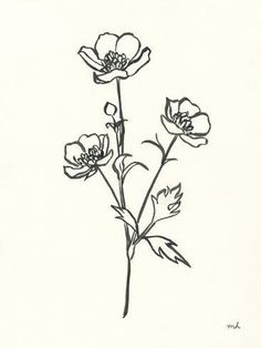 a black and white drawing of three flowers