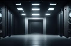 an empty dark room with several lights on the ceiling and some doors in the wall