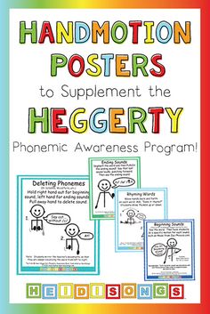 a poster with text that says, hand motions posters to supplement the hegety phonemic awareness program