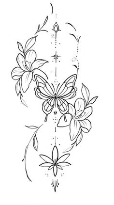 a tattoo design with flowers and butterflies on it