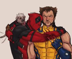 a drawing of a deadpool character hugging a deadpool cosplay with a rat on his back