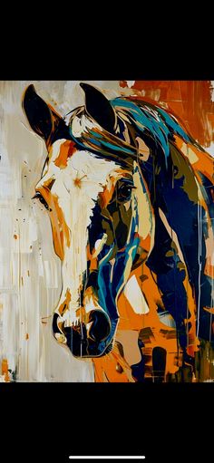 an abstract painting of a cow's head with blue, orange and yellow colors