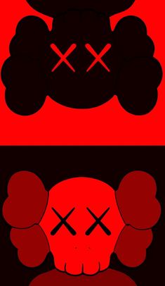 two red and black skulls with crossed crosses on their heads, one skull is in the middle