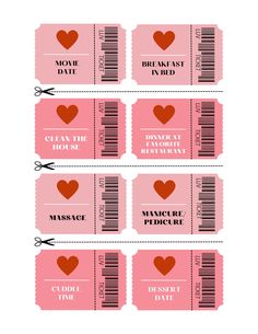 four pink tickets with red hearts on them and the words love is in each ticket