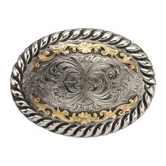 Product Details: Traditional western engraved scroll design Gold-plated western vines and silver heavy rope edge Antique gold and silver 3" H x 4" W Heavy rope edge border Oval Fits belts up to 1 3/4" wide Zinc Cowboy Buckle, Cowboy Belt Buckles, Western Belt Buckles, Western Belt, Western Belts, Scroll Design, Handcrafted Leather, Silver And Gold, Gold And Silver