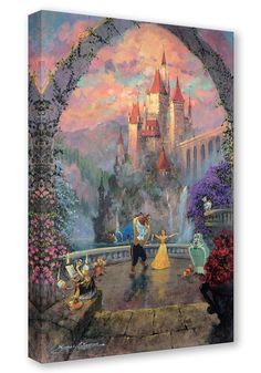 a painting of disney and prince dancing in front of a castle