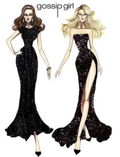 two women in evening gowns, one with long hair and the other with high heels