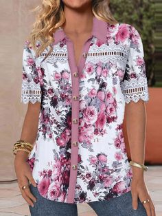 Print Shirts Women, Winter Shorts, Casual Shirt Women, Floral Print Tops, Top Pattern, Blouses, Sleeve Styles, Button Up Shirts, Printed Shirts