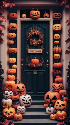 halloween pumpkins and jack - o'- lanterns on the front steps of a house