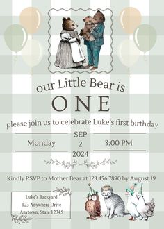 a birthday party flyer with an image of two bears and the words, our little bear is