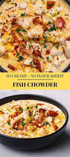 two pictures with different types of food in them and the words, fish chowder