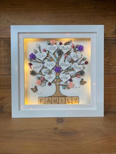 a family tree with the names of their children on it, framed in a white frame