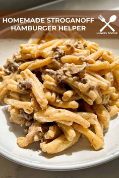 homemade stroganonoff hamburger helper on a white plate