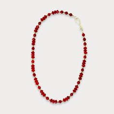 A timeless accessory, this red coral necklace features faceted and round coral beads contrasted by gold plated accent beads, connected with a hook closure. An elegant and sophisticated piece that will luxuriously adorn any look. length: 20" Handmade in Lincoln, Nebraska Elegant Red Necklace With Gold Beads, Elegant Red Faceted Necklace, Elegant Red Coral Necklaces With Polished Beads, Elegant Red Coral Beaded Necklace With Faceted Beads, Red Briolette Gemstone Beads Necklace, Elegant Red Beaded Necklace With Lobster Clasp, Formal Red Faceted Necklace, Elegant Single Strand Red Coral Necklaces, Elegant Red Coral Necklace With Gold Beads