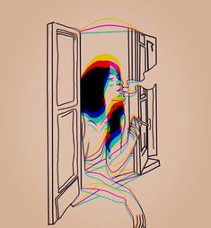 a drawing of a woman sitting in front of a door with colored lines on it