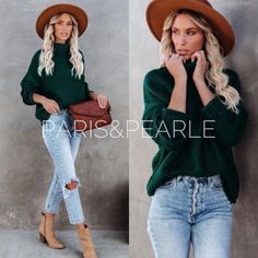 Our Warm Embrace Emerald Green Turtleneck Sweater Offers An Effortless Layer Of Chicness In A Beautiful Emerald Green Knit. Fitting Relaxed With A Subtly Oversized Body, Turtle Neckline And Drop Shoulder Long Sleeves. A High-Low Side Split Hem Makes It Perfect For A Cute Front Tuck Into Denim Or Leggings! Forest Green Outfits For Women, Jewel Tone Style, Emerald Green Outfit Ideas Casual, Hunter Green Sweater Outfit, Emerald Green Sweater Outfit, Christmas Jeans Outfit, Emerald Green Outfits, Emerald Green Outfit Ideas, Dark Green Sweater Outfit