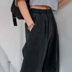 Trendy Cotton Bottoms With Pull-on Style, Versatile High Waist Jeans With Elastic Waistband, Casual High Waist Baggy Bottoms, Casual High-waist Pants With Loosely Fitted Hips, Casual High Waist Pants Loosely Fitted Hips, High Rise Casual Pants With Pull-on Style, Casual High Rise Bottoms With Elastic Waistband, Casual High Waist Workwear Bottoms, Casual High-waisted Pants In Solid Color