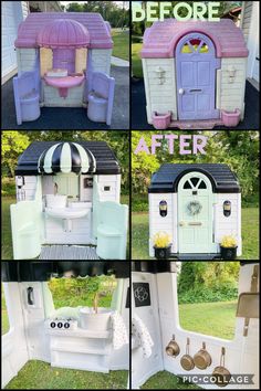 the before and after pictures of an outdoor play house that is made out of plastic