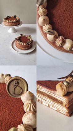 there is a cake with shells on the top and bottom, along with other desserts