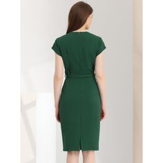 This slim dress adds a touch of elegance and vintage to your wardrobe. Suitable for spring/summer and for many occasions, such as office, wedding, vacation, going out, shopping, dating. Lightweight, breathable and comfy. This dress makes you look thinner. Pair it with high heels and handbag to create a fashion and graceful look. Formal Knee-length Bodycon Dress For Spring, Spring Office Sheath Midi Dress, Solid Knee-length Career Dress, Semi-formal Knee-length Bodycon Office Dress, Solid Color Knee-length Career Dress, Spring Office Lady Dresses For Career, Spring Career Dresses For Office Ladies, Elegant Green Office Dress, Summer Workwear Fitted Bodycon Dress