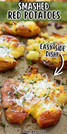 smashed red potatoes with cheese and herbs on top are the perfect side dish for pizza