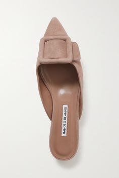 Taupe Maysale buckled suede point-toe flats | MANOLO BLAHNIK | NET-A-PORTER Designer Suede Mules For Formal Occasions, Luxury Closed Toe Mules With Heel Loop, Designer Almond Toe Mules With Removable Insole, Manolo Blahnik Maysale, Manolo Blahnik Flats, Brown Flats, Midi Skirts, Hot Shoes, Pointed Toe Flats