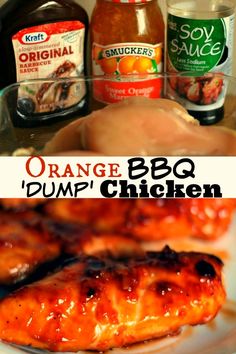 orange bbq'd dump chicken on a plate with sauces and seasonings