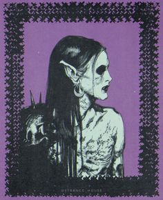 a drawing of a woman with long hair and makeup on her face is shown in front of a purple background