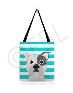 a blue and white tote bag with an image of a dog on it's face