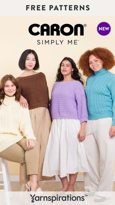 three women in sweaters and pants standing next to each other with the caption free patterns