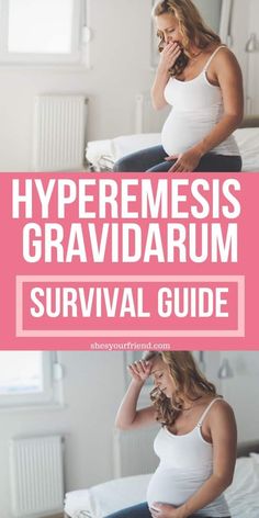 a pregnant woman sitting on top of a bed talking on her cell phone with the caption hyperemesis gravidarum survival guide