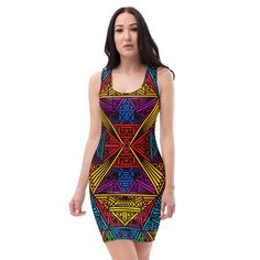 Make a statement and look fabulous in this all-over printed, fitted dress.  * 82% polyester, 18% spandex * Fabric weight: 6.78 oz/yd² (230 g/m weight may vary by 5% * Made with smooth, comfortable microfiber yarn * Material has a four-way stretch * Blank product components sourced from China Stretch Dresses With All Over Print For Summer, Fitted Sleeveless Mini Dress In Multicolor Print, Multicolor Printed Mini Bodycon Dress, Multicolor Printed Bodycon Mini Dress, Fitted Sleeveless Patterned Mini Dress, Fitted Multicolor Patterned Midi Dress, Stretch Multicolor Dress With Graphic Print, Fitted Summer Dress With All Over Print, Fitted Dresses With Bold Multicolor Print