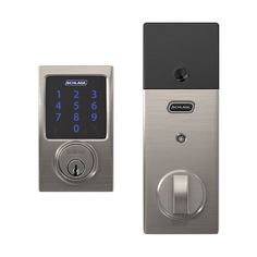 an electronic door lock with the time displayed on it's face and keypad