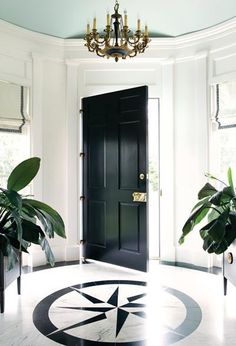 a black door in a white room with two potted plants and a chandelier