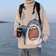 Men's Winter Turtleneck Shark Sweater Cozy and Stylish Pullover Turtleneck For Men, Shark Sweater, Turtle Neck Men, Estilo Harajuku, Winter Turtleneck, Oversized Turtleneck, Grey Turtleneck, Dragon Balls, Sweater Men