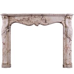 an antique white marble fireplace mantel with carvings on the top and sides, isolated against a white background