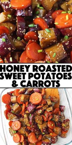 honey roasted sweet potatoes and carrots with sesame seeds in a glass casserole dish