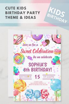 a birthday party card with colorful candies and lollipops