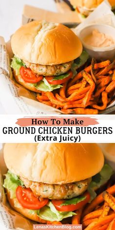 how to make ground chicken burgers with extra juicy sweet potato fries and ranch dressing