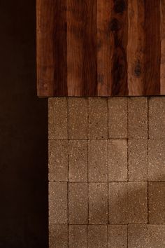 an orange cat sitting on the floor next to a brown wall with wooden planks