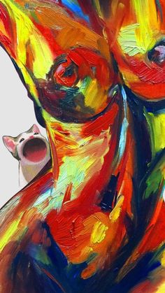 an abstract painting of a dog and a cat