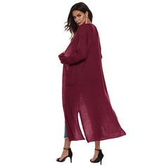 Wine Red Split Long Cardigan with Pockets Casual Long Red Outerwear, Casual Long Red Cardigan, Oversized Red Long Sleeve Cardigan, Red Open Front Cardigan For Fall, Red Open Front Outerwear For Fall, Oversized Red Cardigan For Fall, Fall Oversized Red Cardigan, Red Sweater Coat For Fall Layering, Red Open Front Sweater For Fall